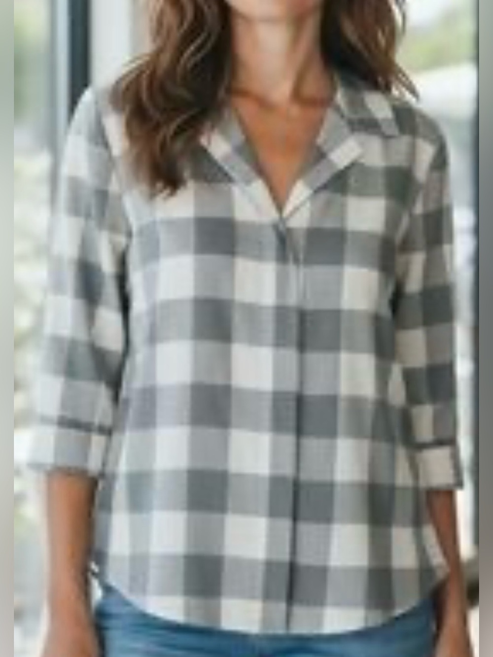 Tuckernuck Blue-Gray&White Buffalo Plaid Button-Front 3/4 Sleeve Blouse - Size L
